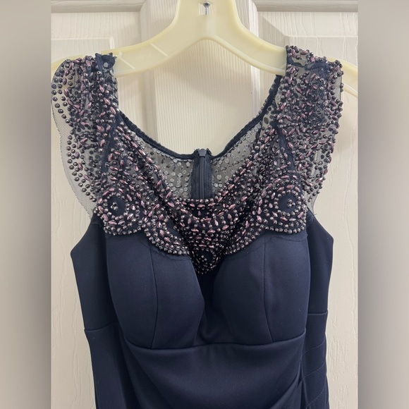 Xscape Navy Dress with Beaded Shoulders - Picture 3 of 13